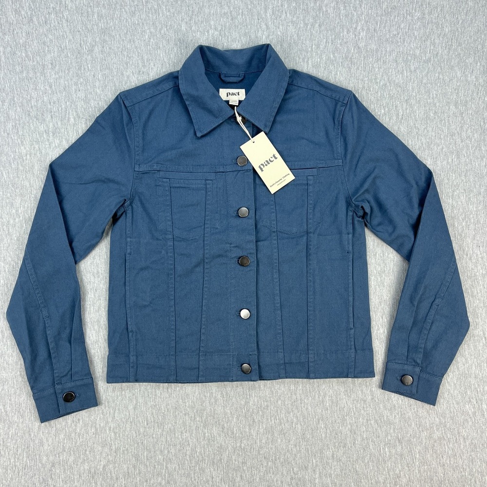 Pact Stretch Twill Jacket Womens XS Slate Blue Organic Cotton Button-Up Boho NEW